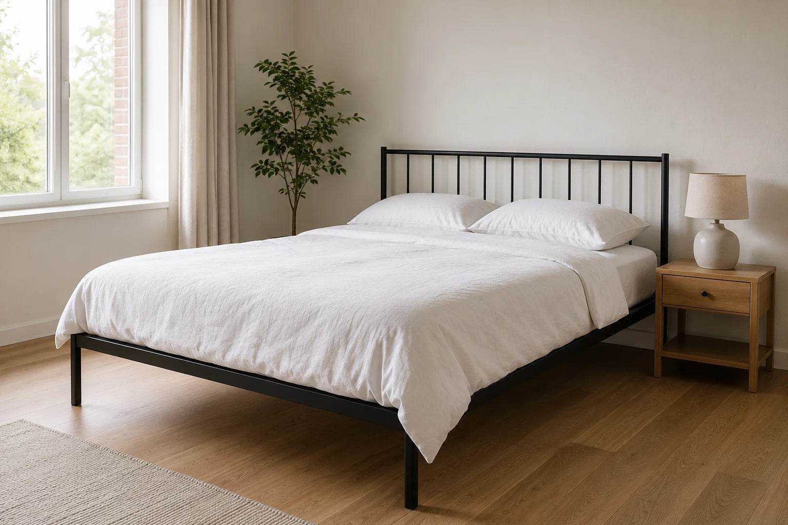 Metallbett 140 x 200 cm in schwarz in einem hellen Schlafzimmer mit natürlichem Morgenlicht, weißer Bettwäsche und minimalistischem Design