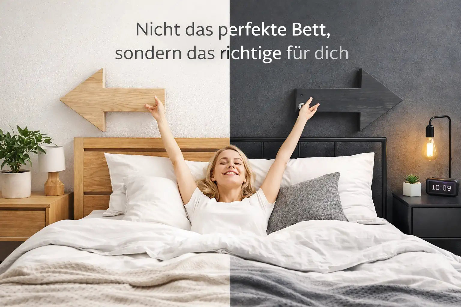 Frau liegt entspannt im Bett zwischen Holz- und Metall-Design, Symbol für die Wahl des passenden Bettes nach persönlichem Geschmack statt Perfektion.