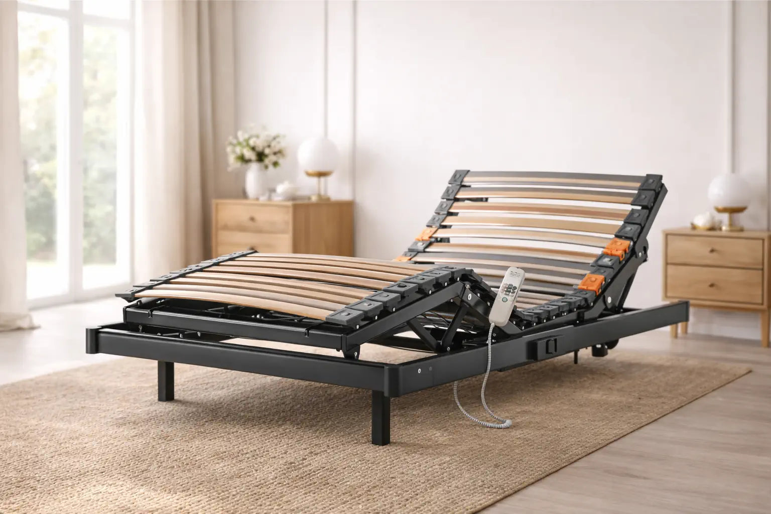 Elektrisch verstellbarer Lattenrost mit Flachmotor in modernem Schlafzimmer