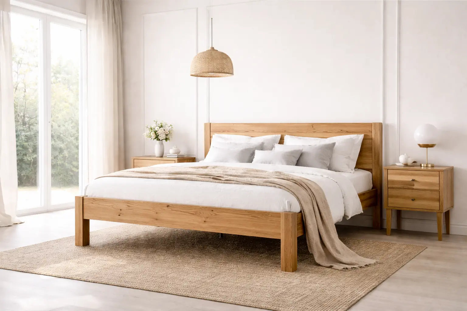 Massivholzbett aus Eiche in hellem Schlafzimmer mit natürlicher Holzmaserung und ruhiger Wohnatmosphäre