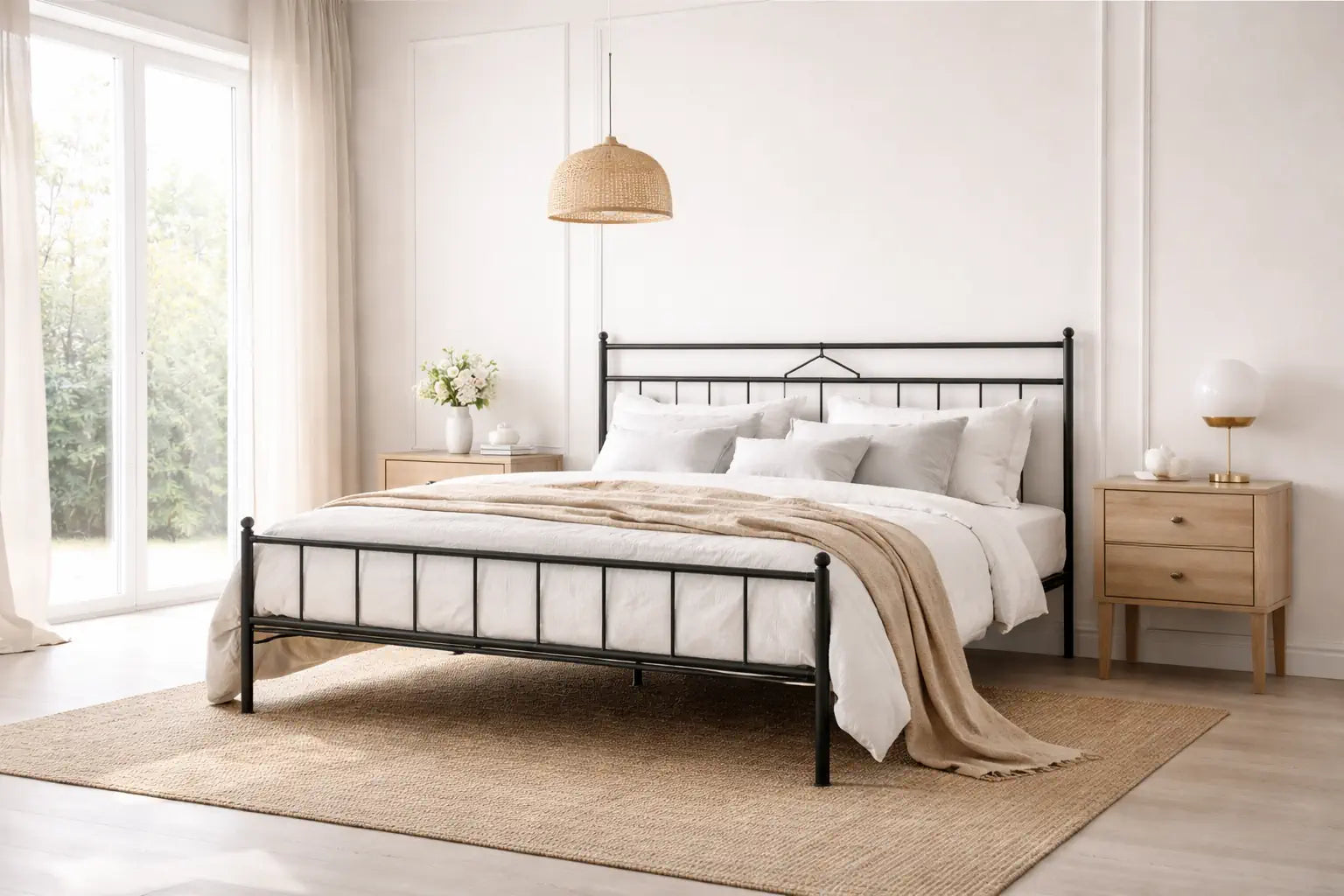 Modernes Metallbett in hellem Schlafzimmer mit natürlichem Licht, minimalistisches Design und ruhiger Wohnatmosphäre