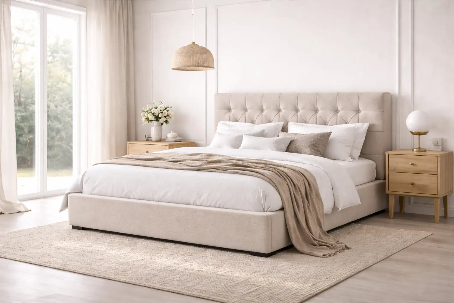 Modernes Polsterbett mit gepolstertem Kopfteil in hellem Stoffbezug – stilvolles Schlafzimmer mit gemütlicher Atmosphäre